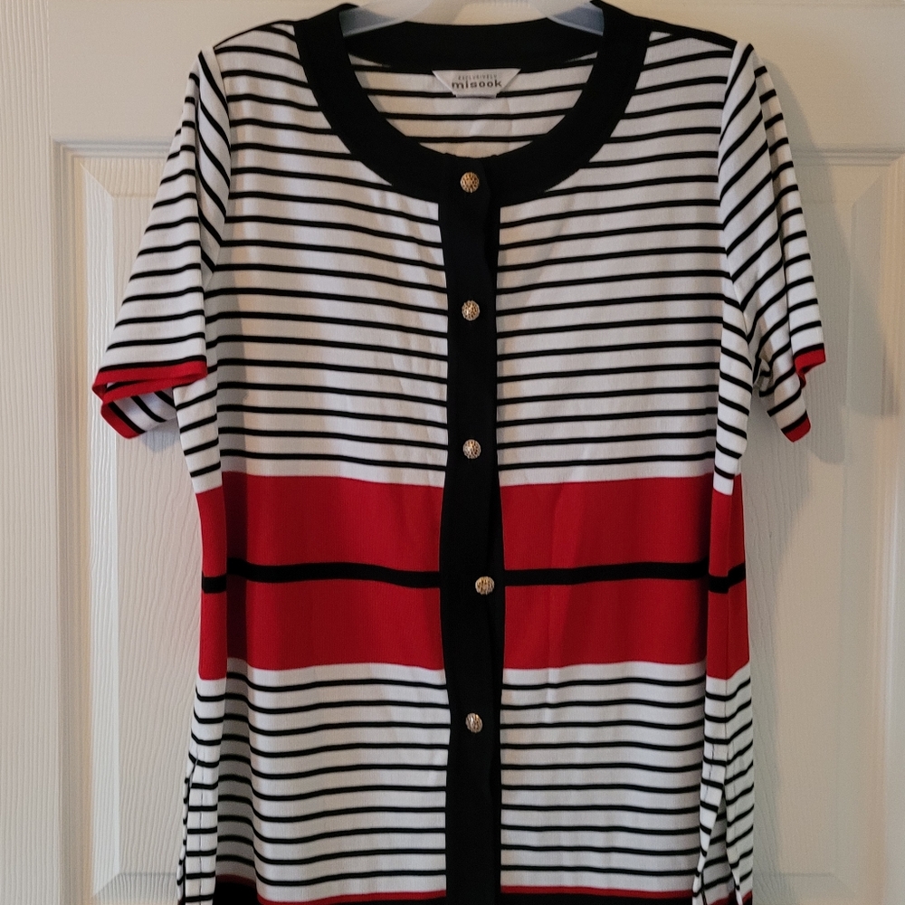 Misook 100% acrylic stripped black, white and red top